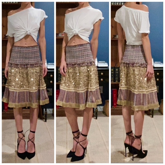 Rinku Anthropologie Stretch Lurex Metallics Sequin A Line Midi Skirt Small - Picture 1 of 7